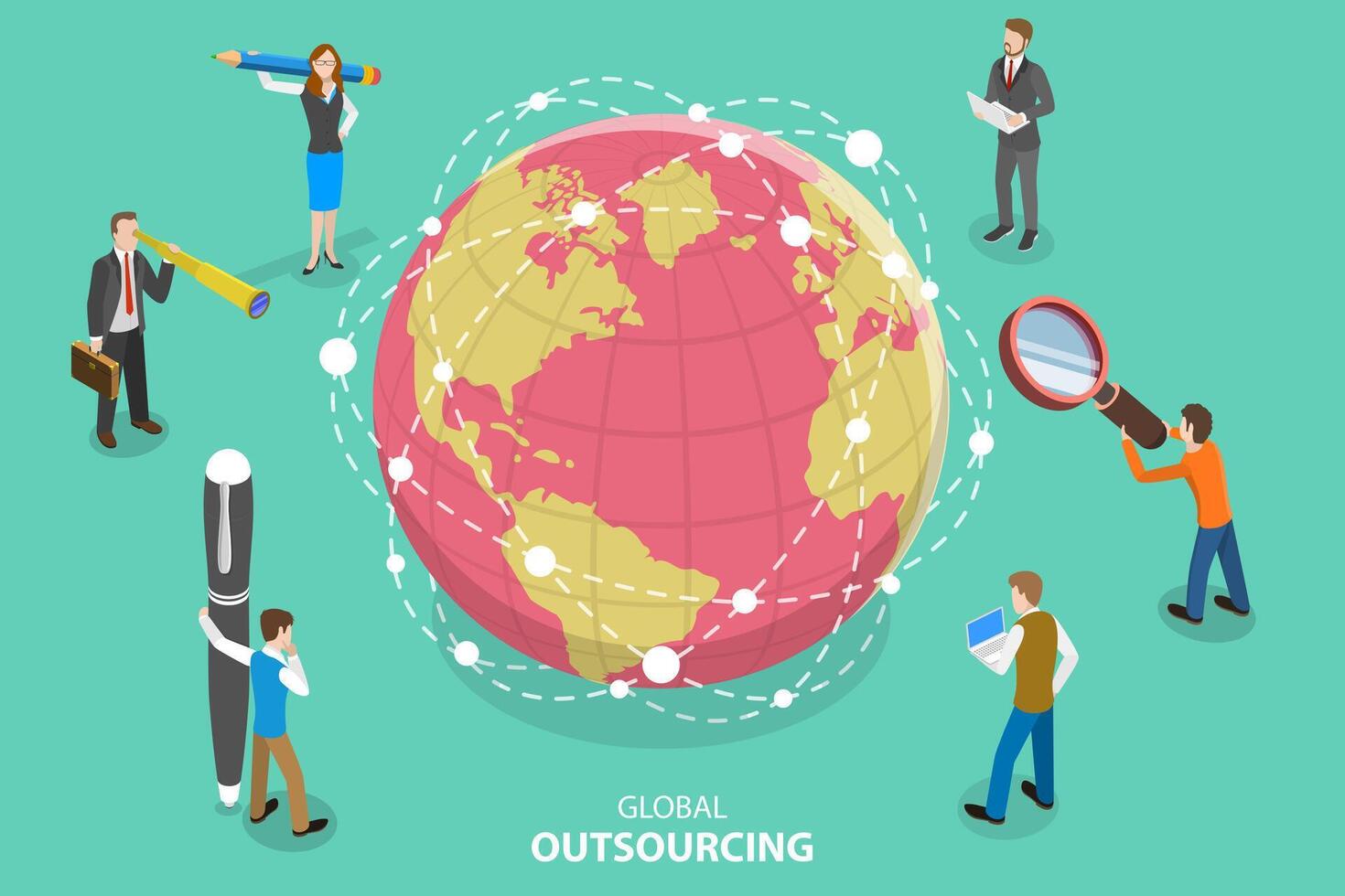 Isometric Flat Concept of Global Outsourcing, Company Remote Management. vector