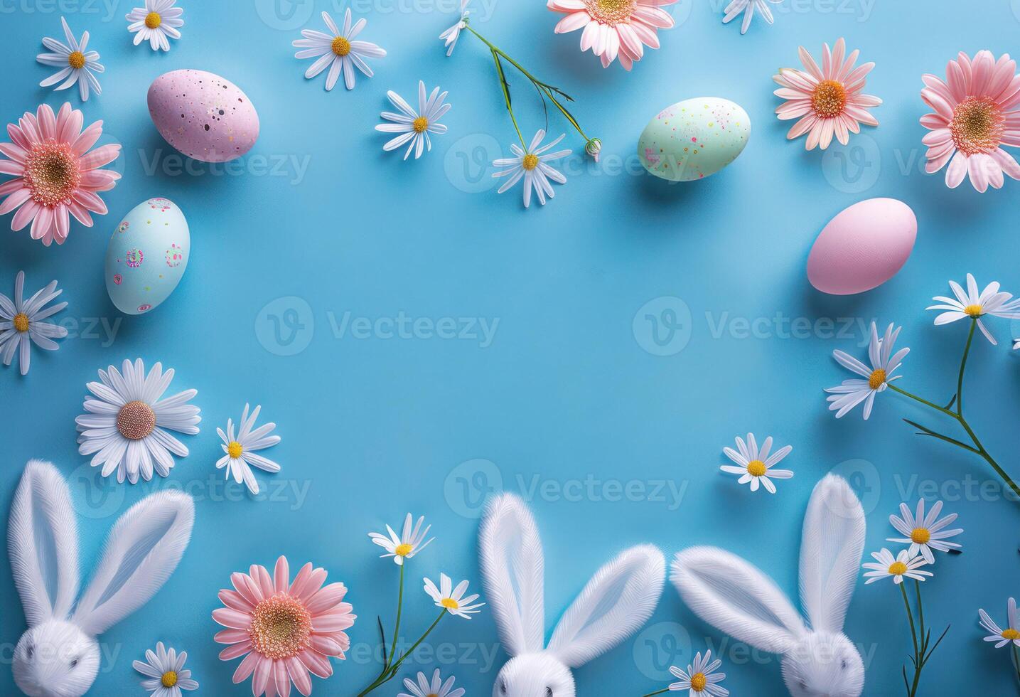 Top view illustration of easter eggs, bunny ears and young chamomile on a serene blue background photo