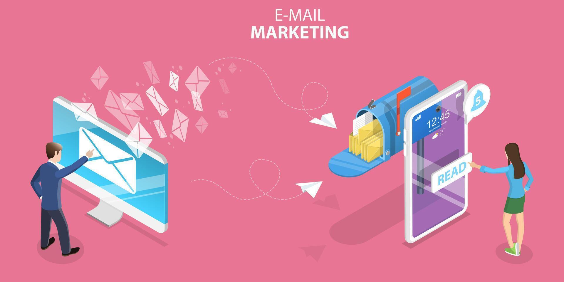 3D Isometric Flat Concept of Mobile Email Marketing. vector