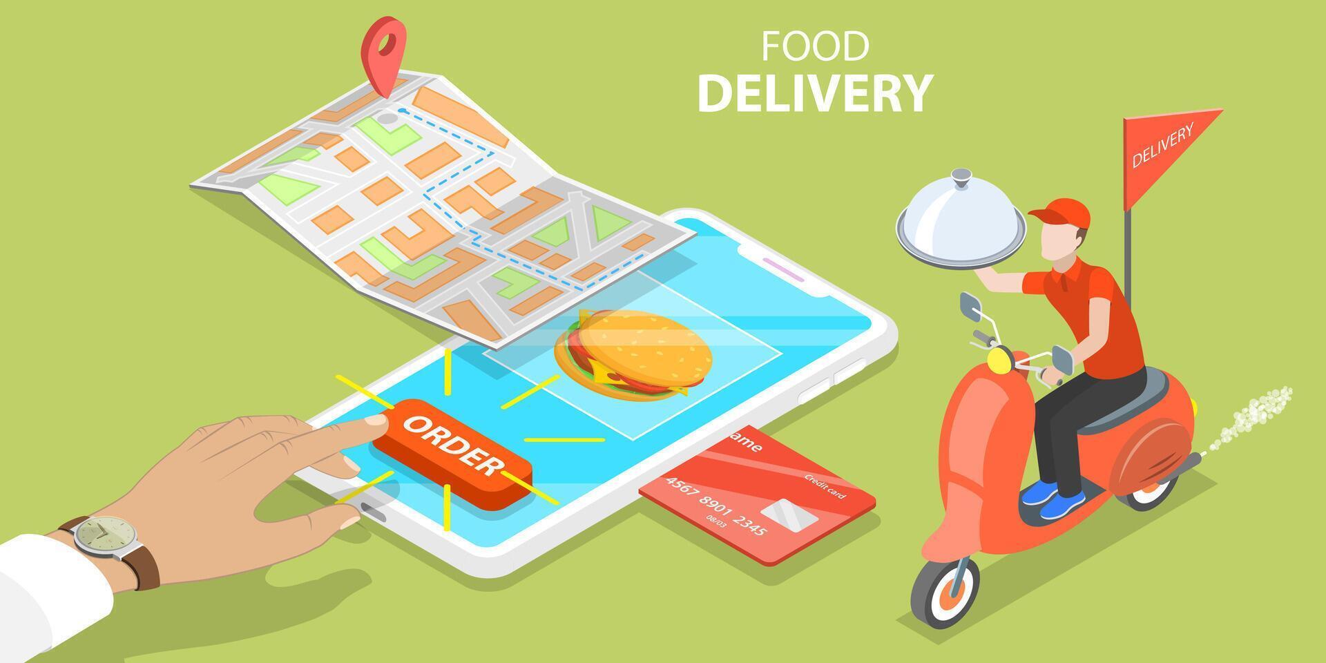 3D Isometric Flat Concept of Restaurant and Cafe Online Food Order App. vector