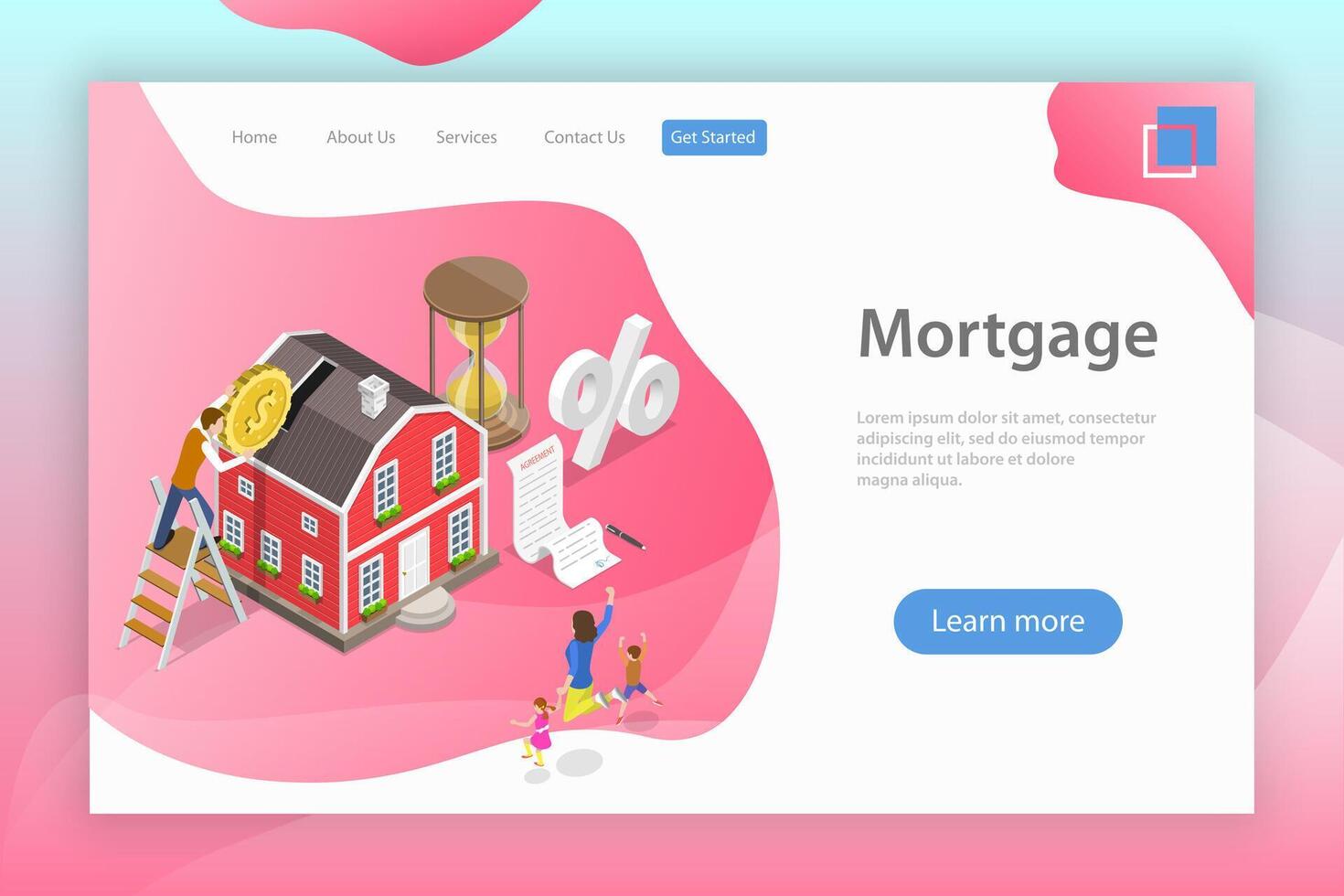 Isometric flat landing page template of mortgage, real estate deal. vector