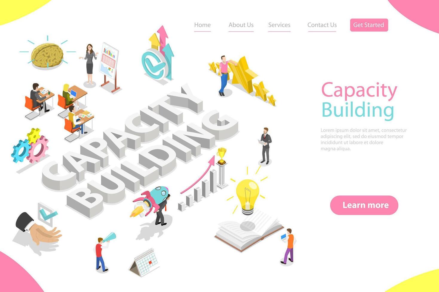 Isometric flat landing page template of capacity building. vector