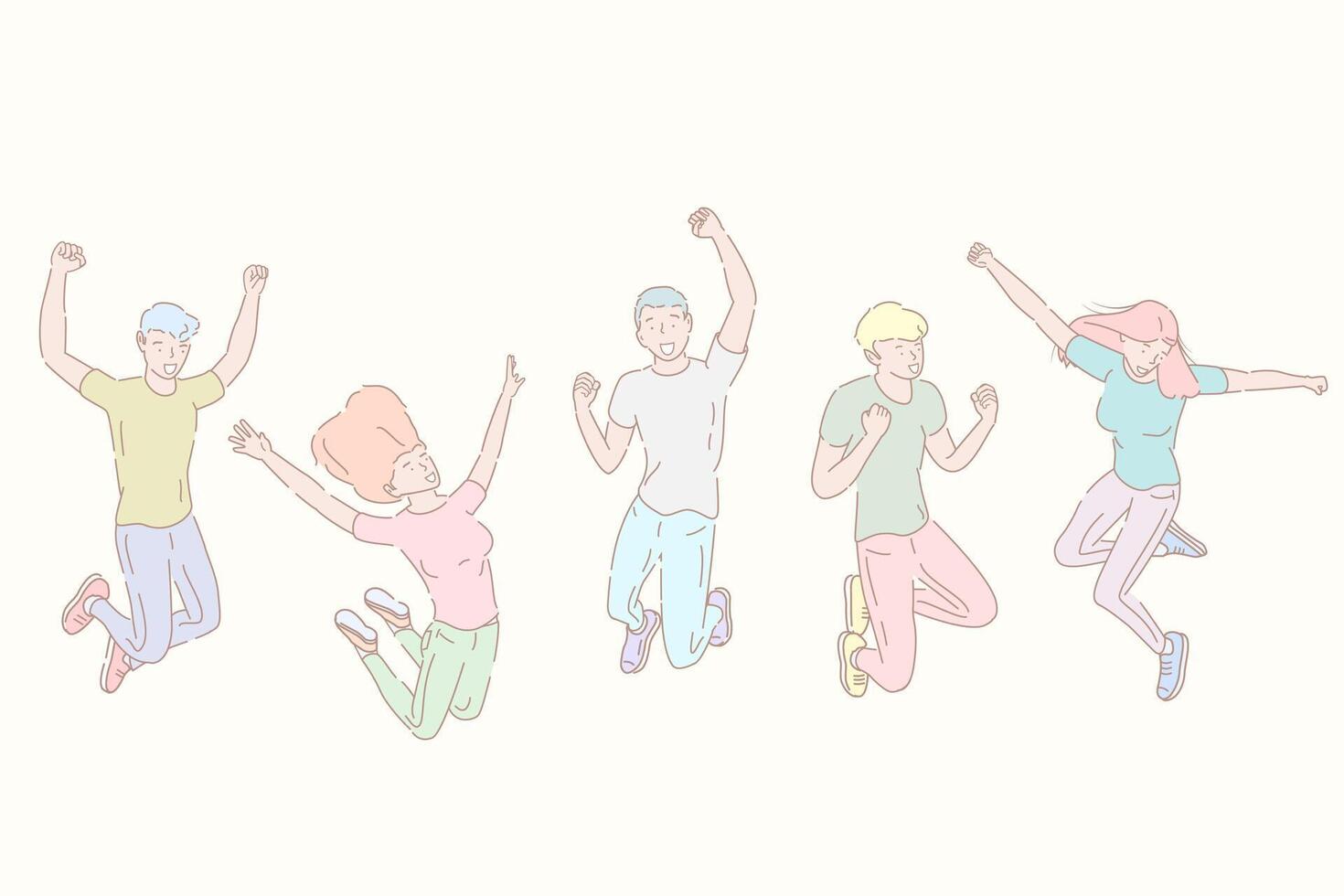 Hand drawn style illustration of jumping happy people, team success. vector