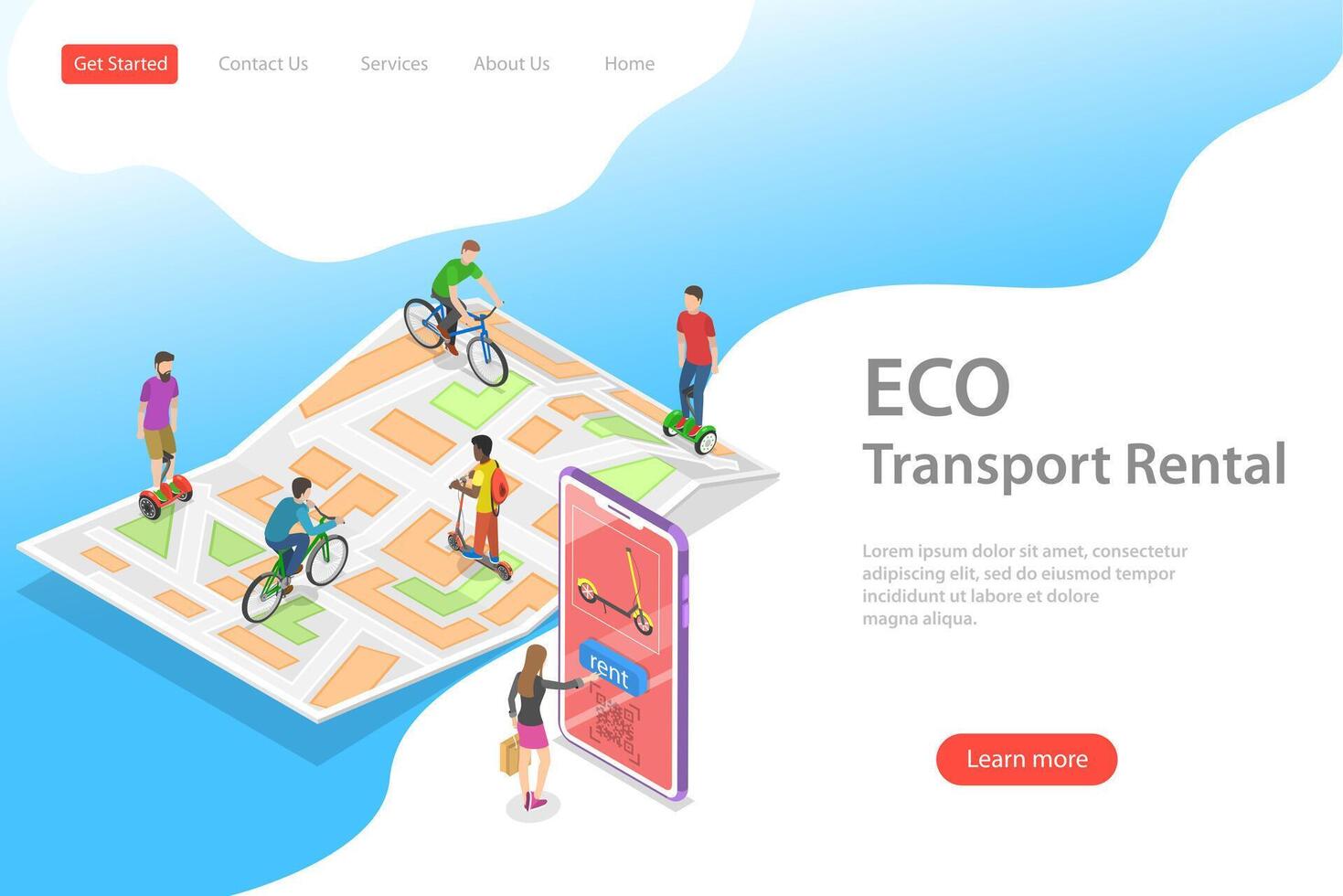 Isometric flat landing page template of city eco transportation. vector