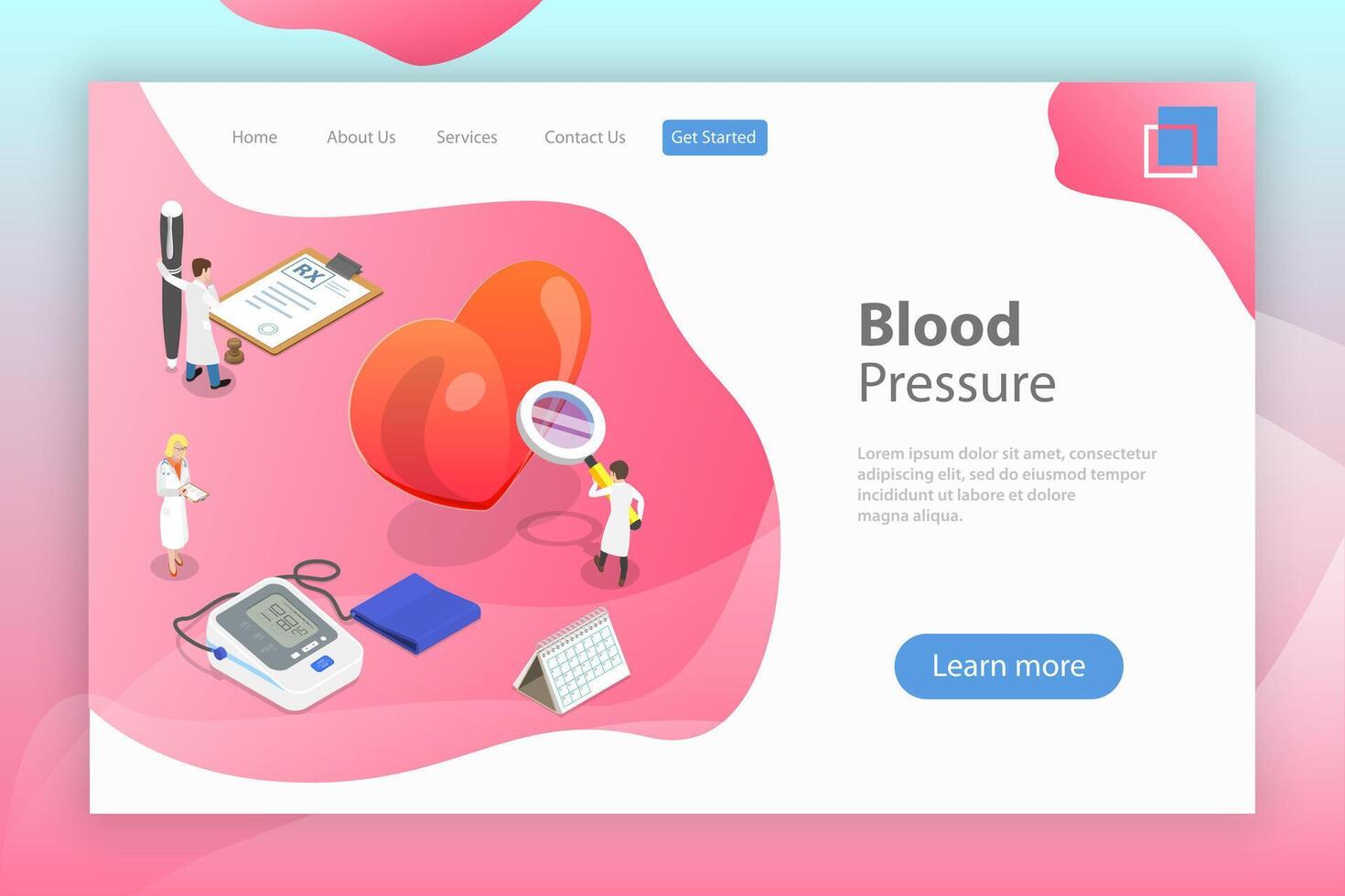 Isometric flat landing page template of blood pressure test. vector