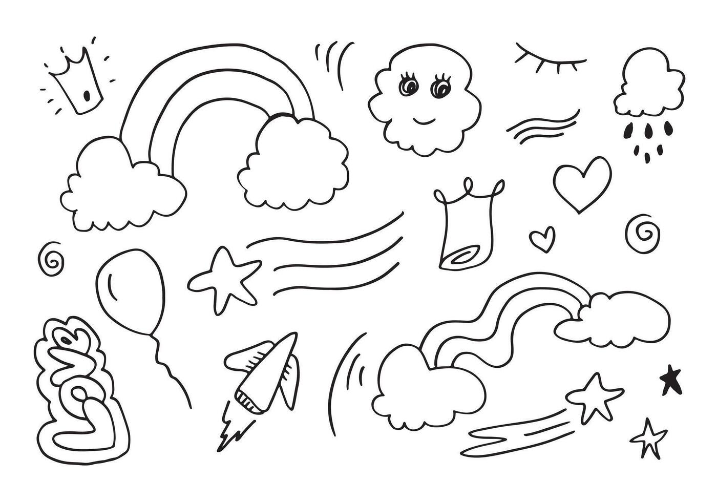 Hand drawn doodle design elements, black on white background. wind,rainbow, emphasis, rain, crown, star, rocket. doodle sketch design elements vector
