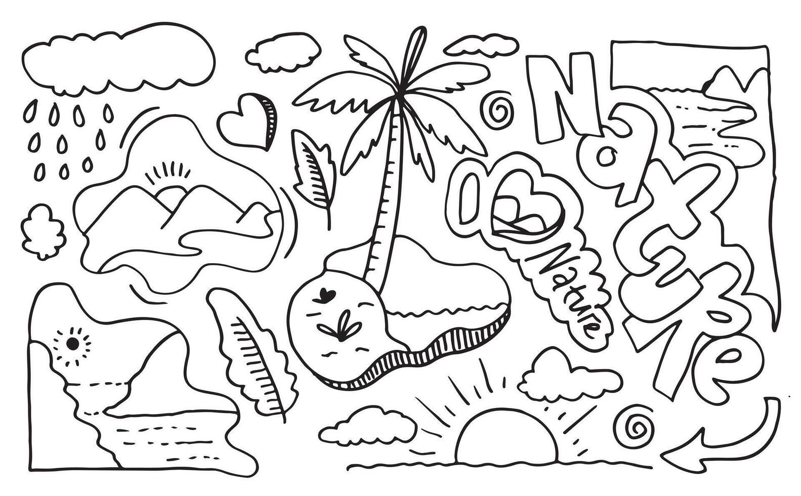 naturaleza tipografía con mano dibujado sierras, sol, hojas, nubes, palma árbol, playa y otro elementos. web bandera para otro elementos de naturaleza. ilustración vector