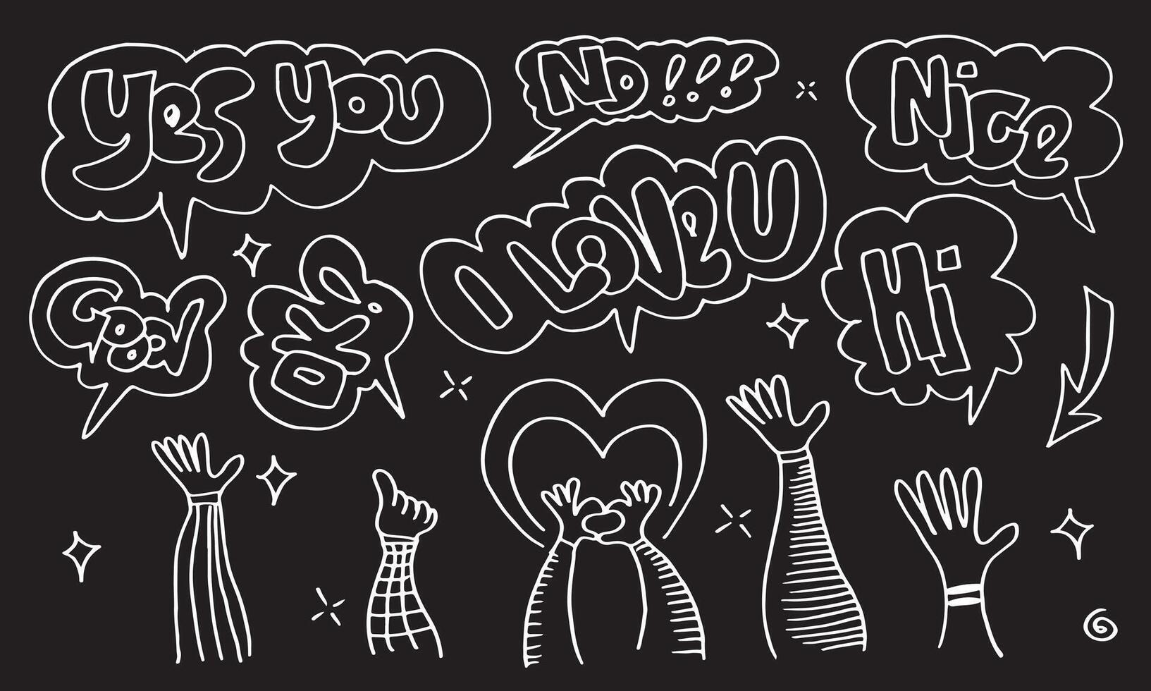 Applause hand draw on black background with ok, nice, i love u, good, no, hi, yes you text. illustration. vector