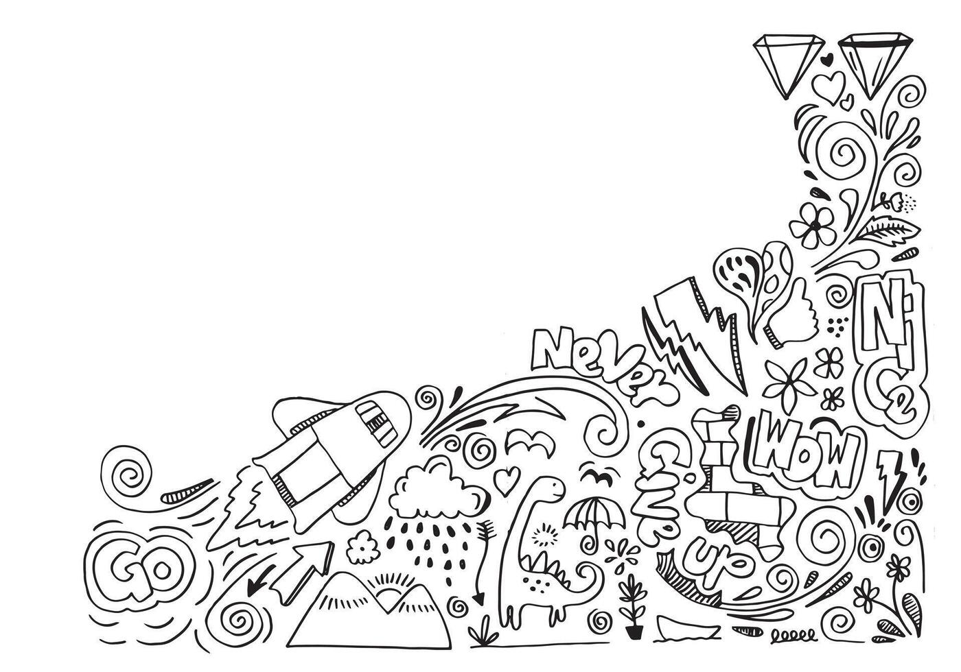 Creative art doodles hand drawn Design illustration with text never give up, wow, nice. vector