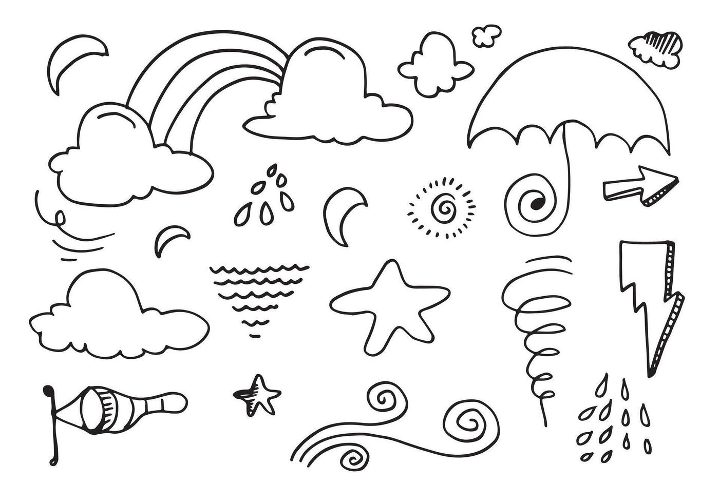 Weather Doodle Set isolated on a white background. hand drawn illustration. vector