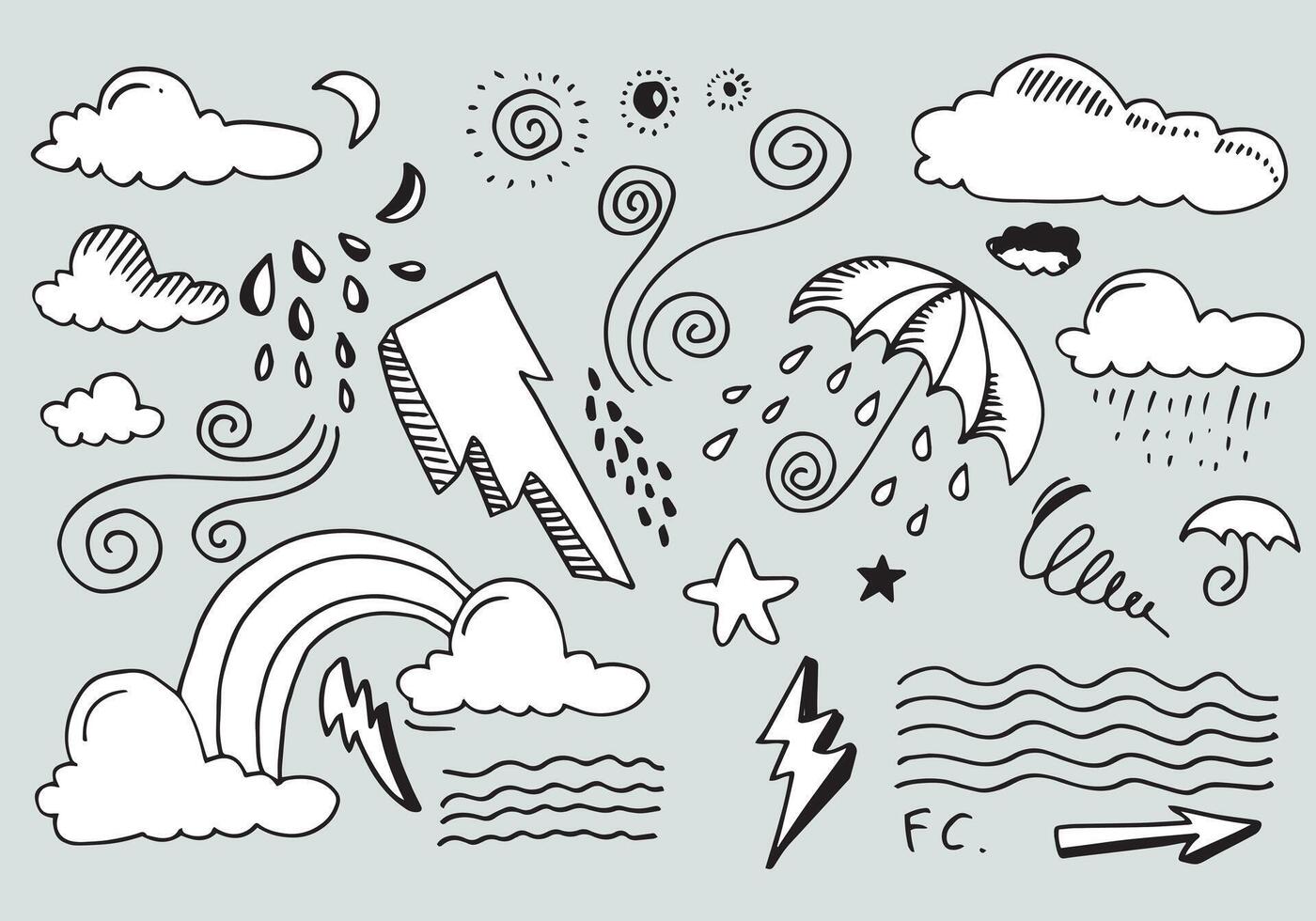 Weather Doodle Set illustration with hand drawn line art style vector
