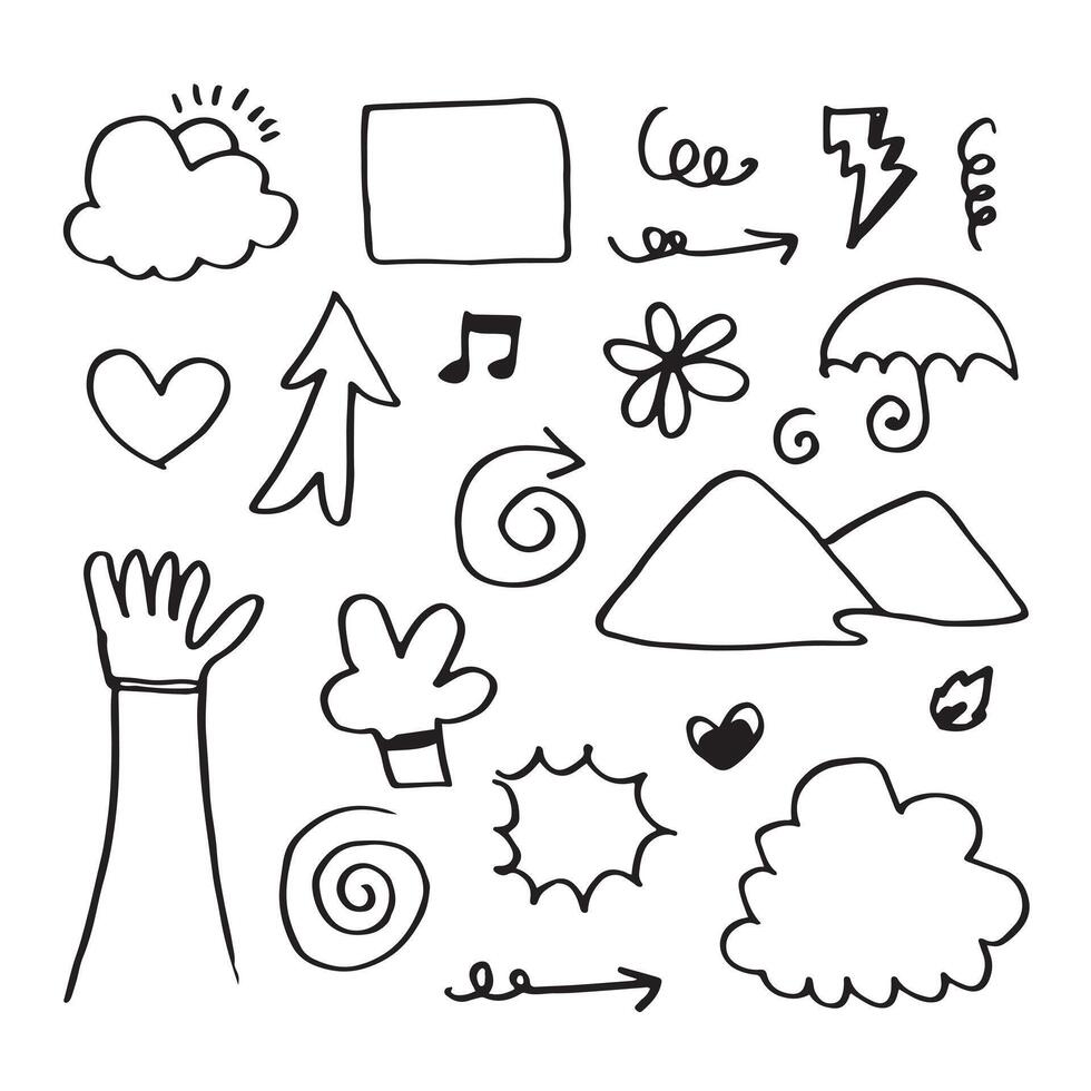 Hand drawn doodle design elements, black on white background. wind, emphasis, Arrow, hand, thunderbolt, hill. doodle sketch design elements vector