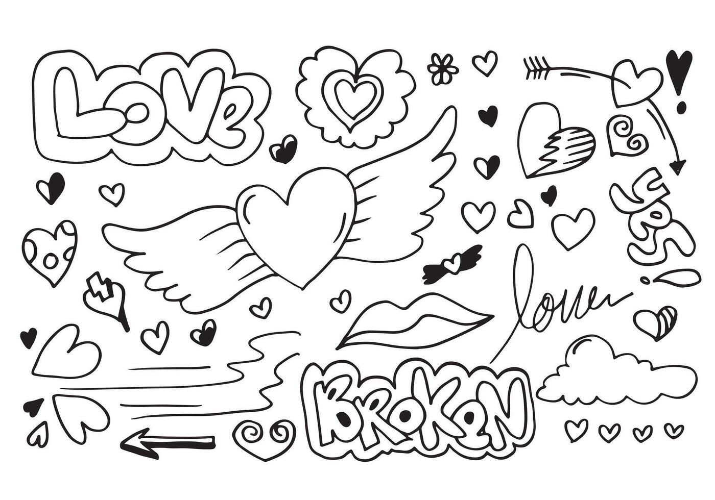 mano dibujado garabatos conjunto para San Valentín día. colección de hermosa corazones y escritos amor en blanco antecedentes. ilustración. vector