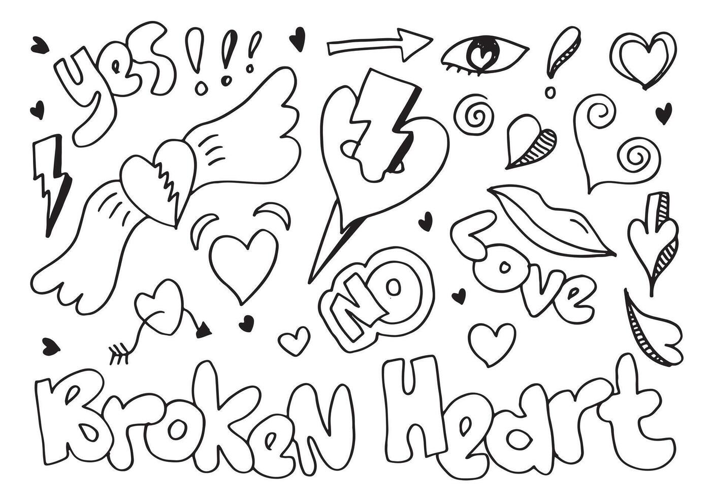 hand drawn doodles set for Valentine's Day. collection of beautiful hearts and writings Love and broken heart on white background. illustration. vector