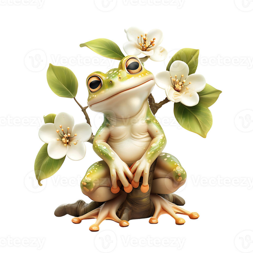 dumpy frog on flower tree on isolated transparent background png