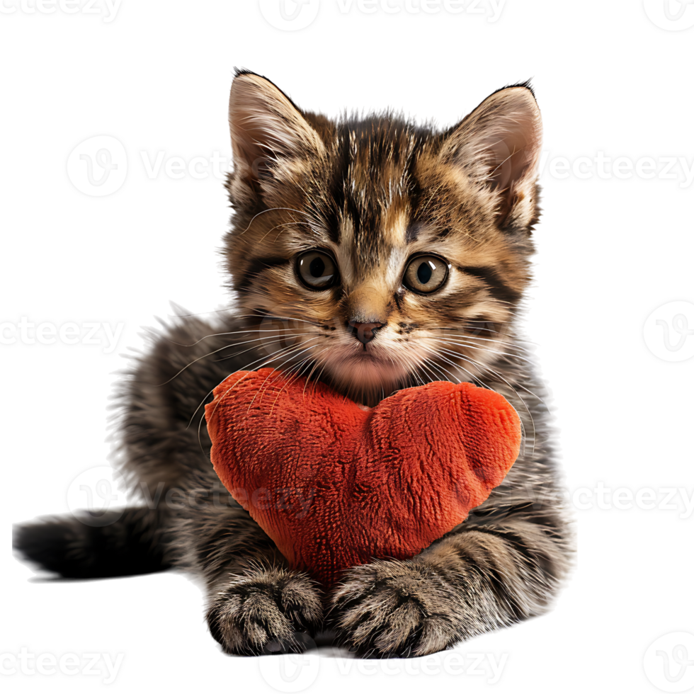 Cute sad kitten with a heart pillow on isolated transparent background png