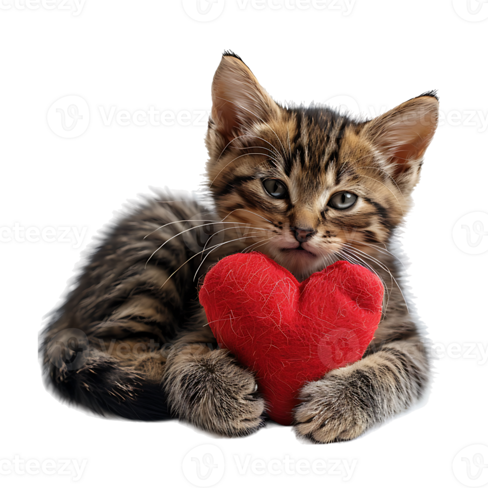 Cute sad kitten with a heart pillow on isolated transparent background png