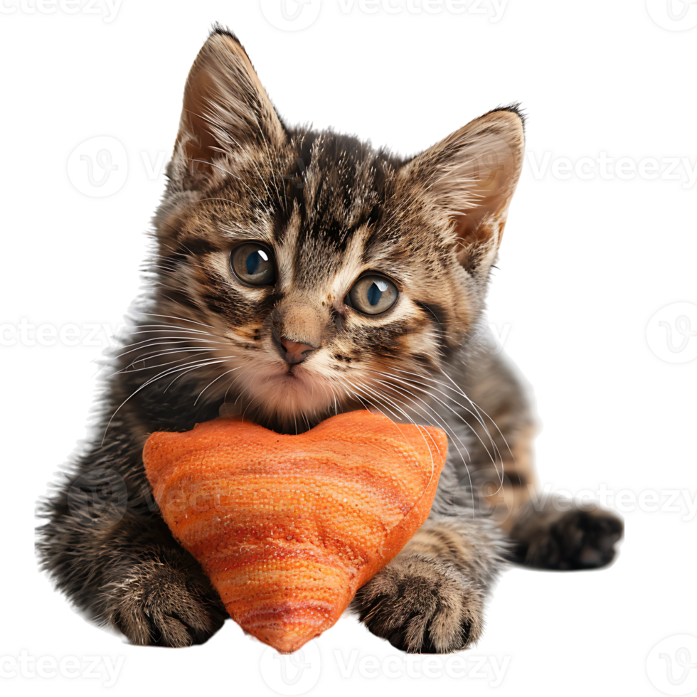 Cute sad kitten with a heart pillow on isolated transparent background png