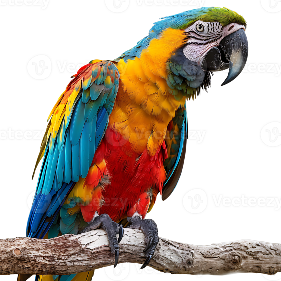 Macaw parrot on a branch on isolated transparent background png