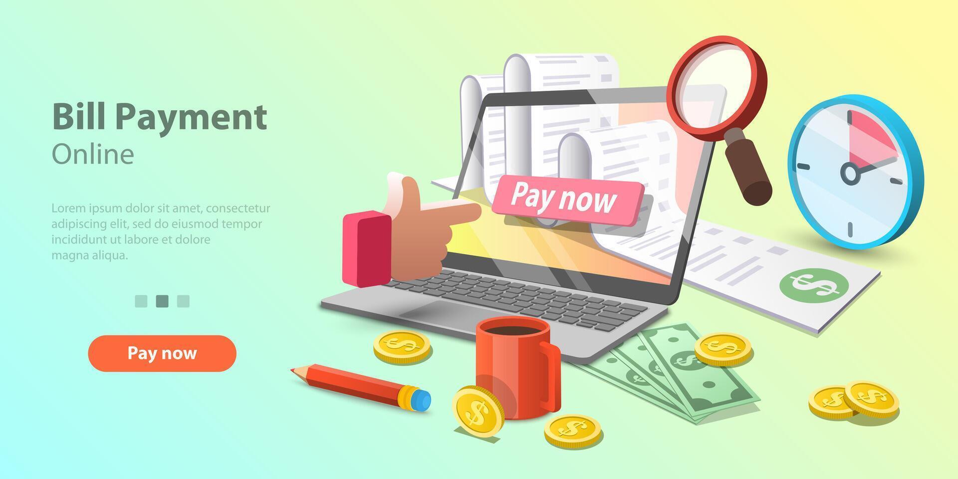 3d Concept Illustration of Bills Online Payment, Secure Transaction. vector
