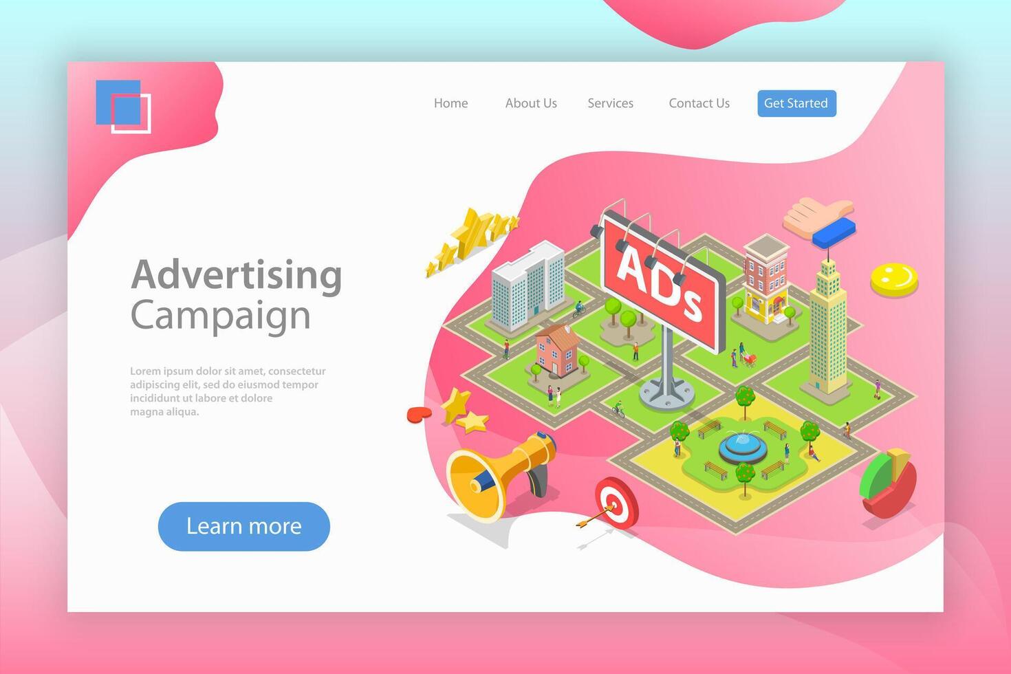 Isometric flat landing page template of outdoor advertising. vector