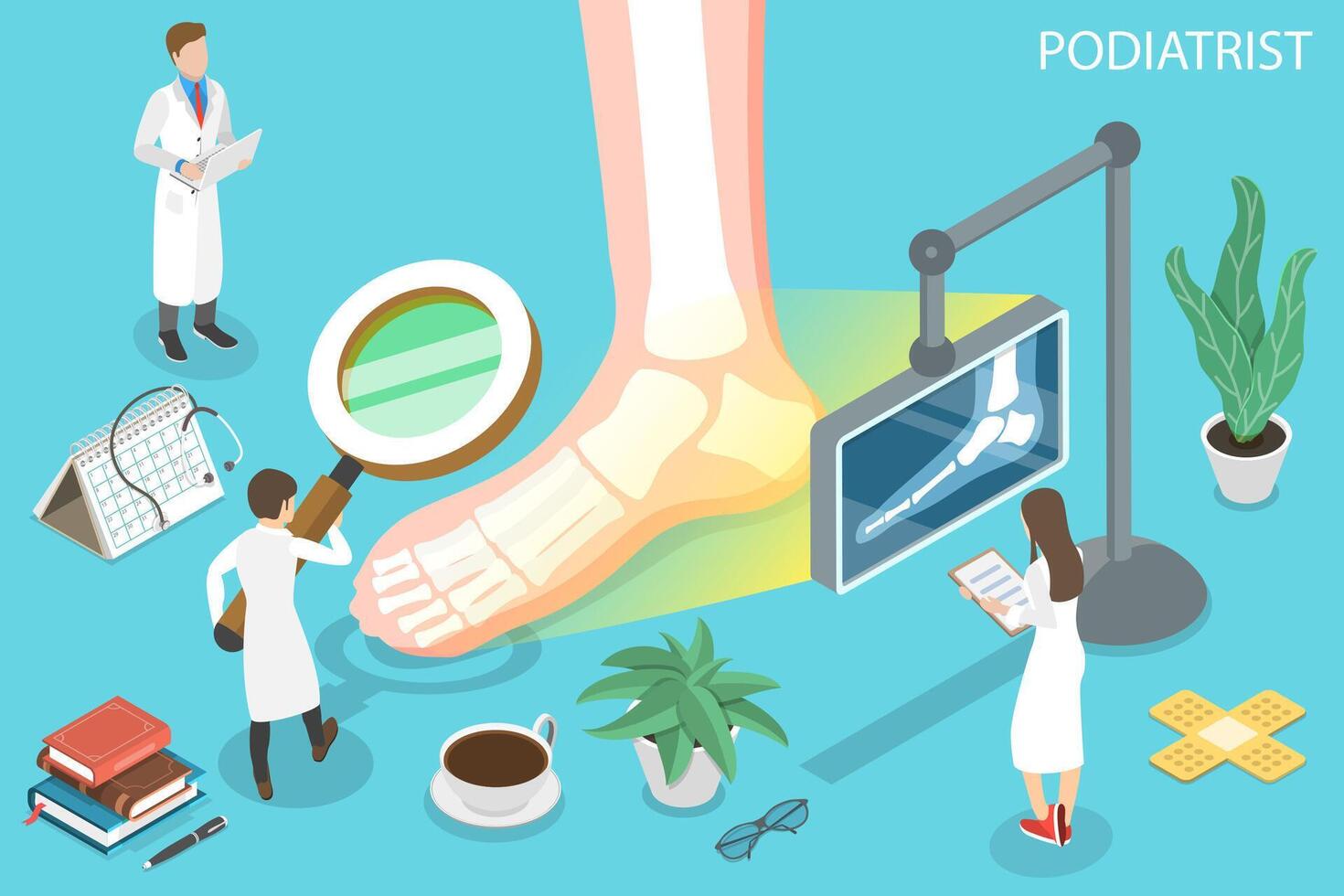 3D Isometric Flat Concept of Podiatrist, Podiatric Physician Doctor. vector