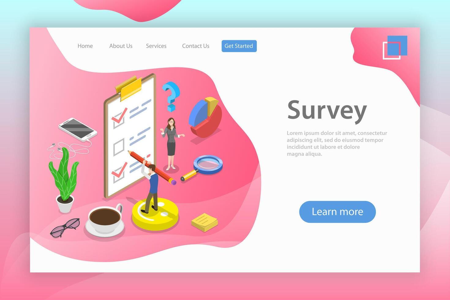 Isometric flat landing page template of survey, customer rating. vector