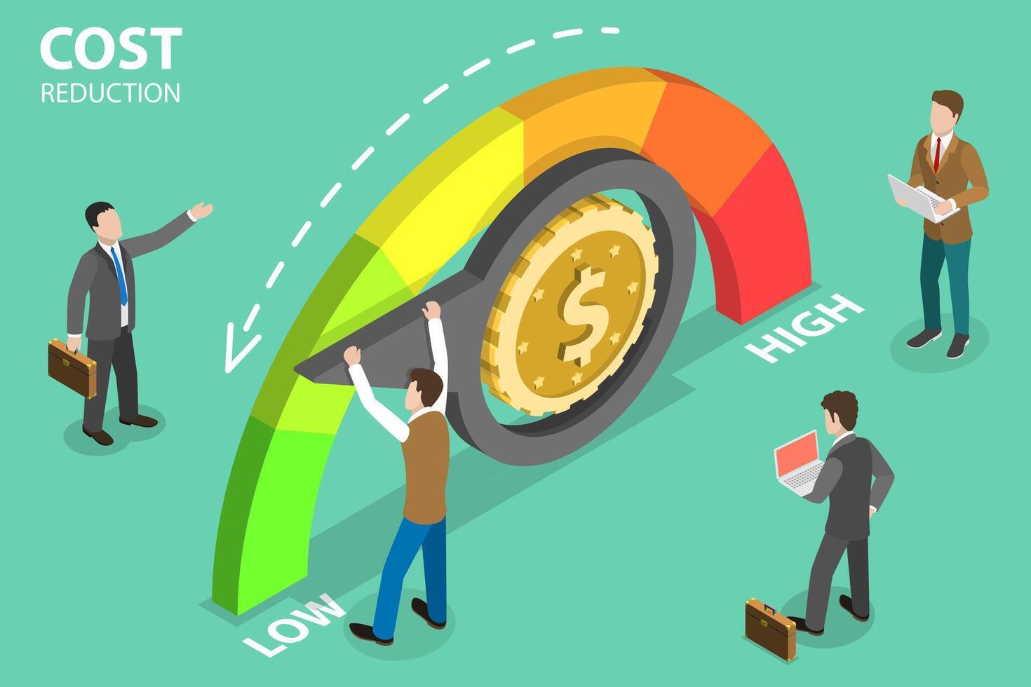 3D Isometric Flat Concept of Cost Reduction, Dollar Rate Decrease. vector