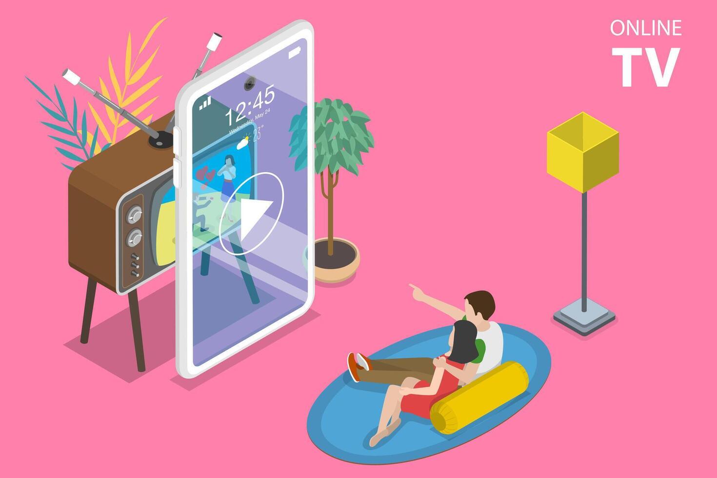3D Isometric Flat Concept of Mobile Smart TV. vector