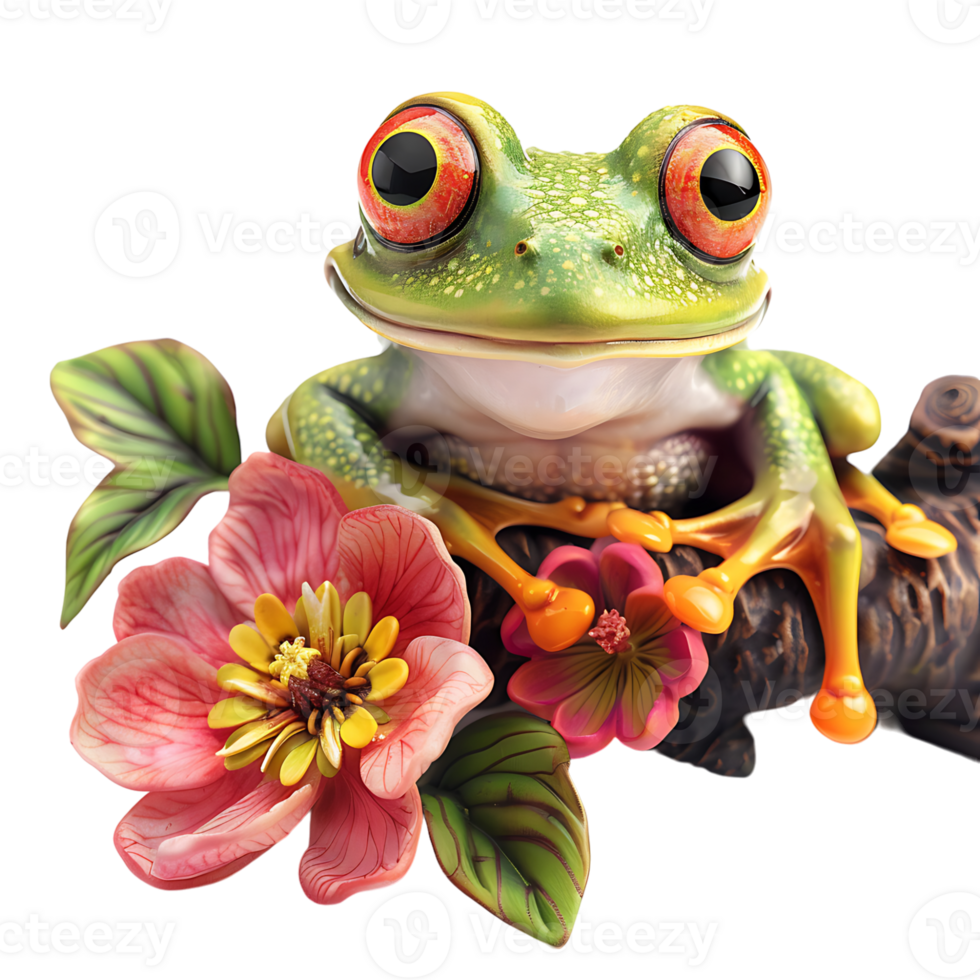 dumpy frog on flower tree on isolated transparent background png