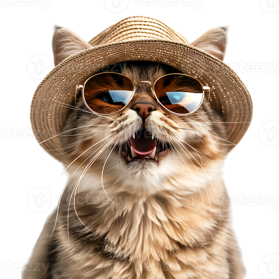 Happy Cat wearing summer glasses and hat on isolated transparent background png