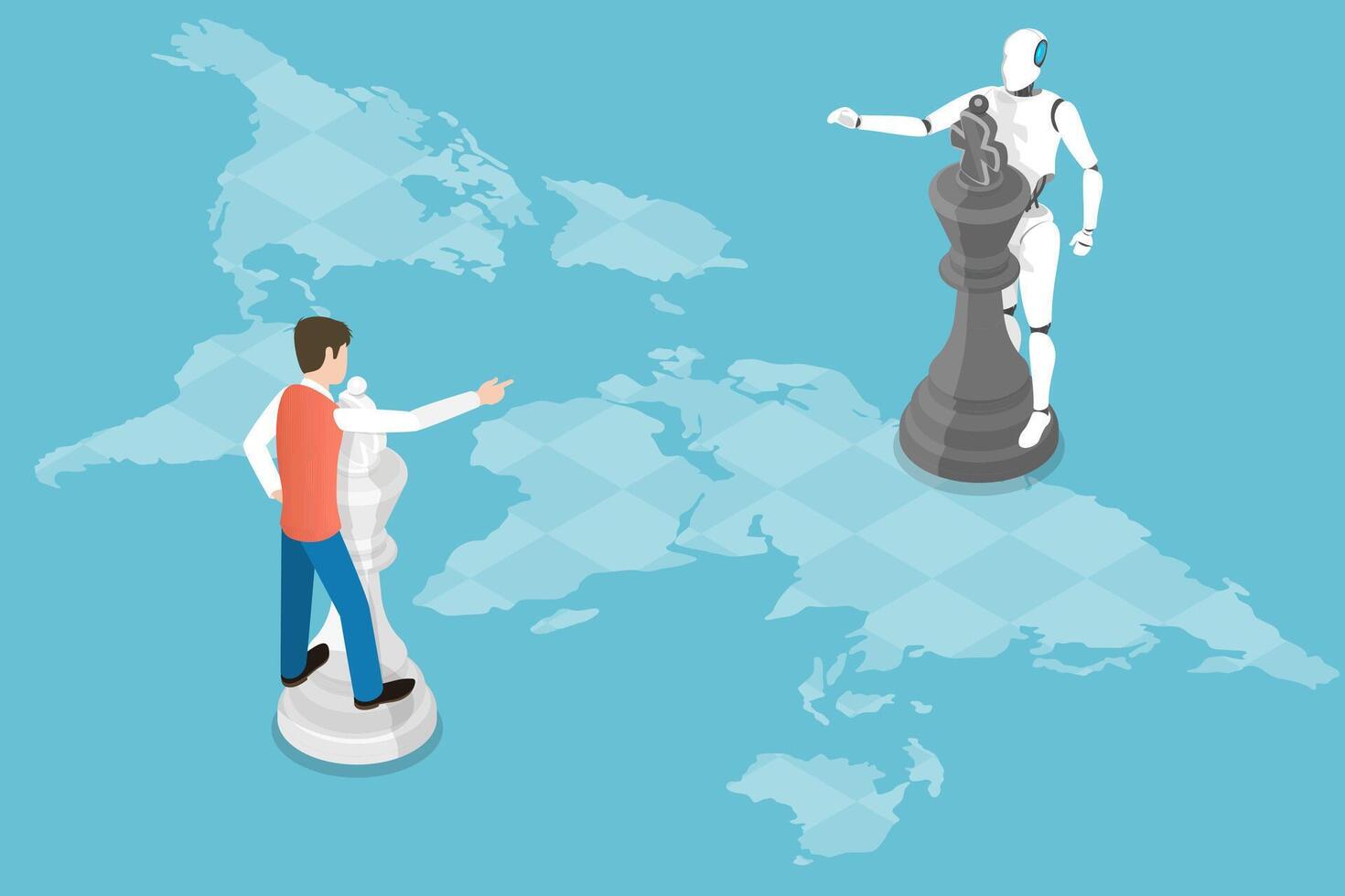 Robot and Human are Playing Chess Game. vector