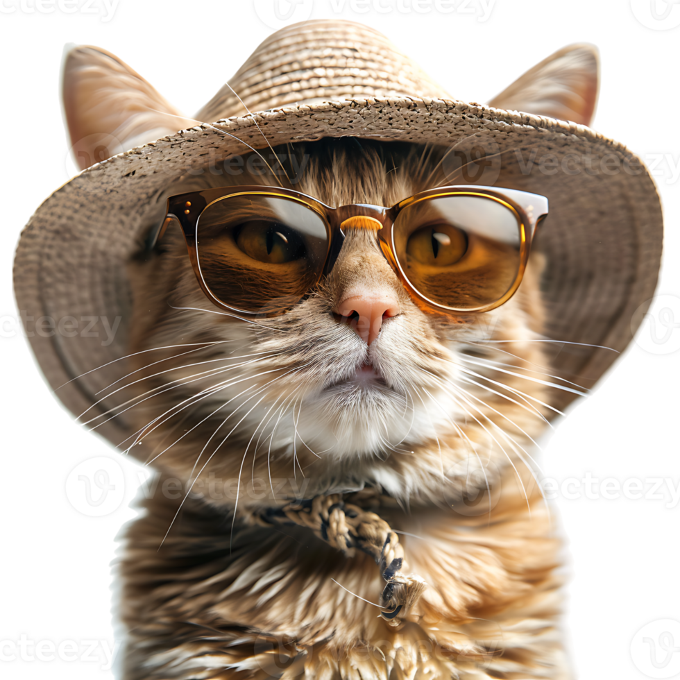 Happy Cat wearing summer glasses and hat on isolated transparent background png