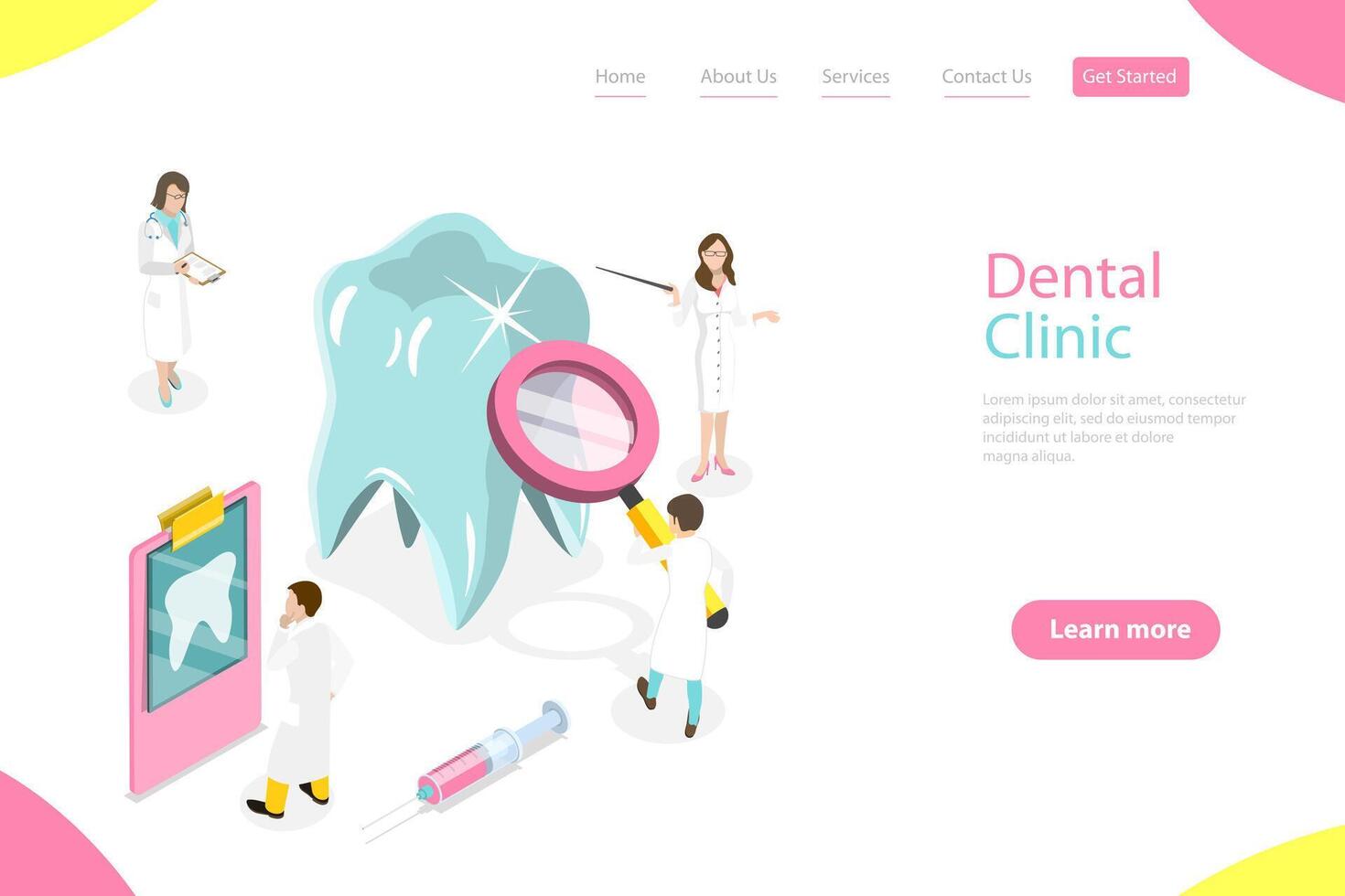 Isometric flat landing page template of dental checkup. vector