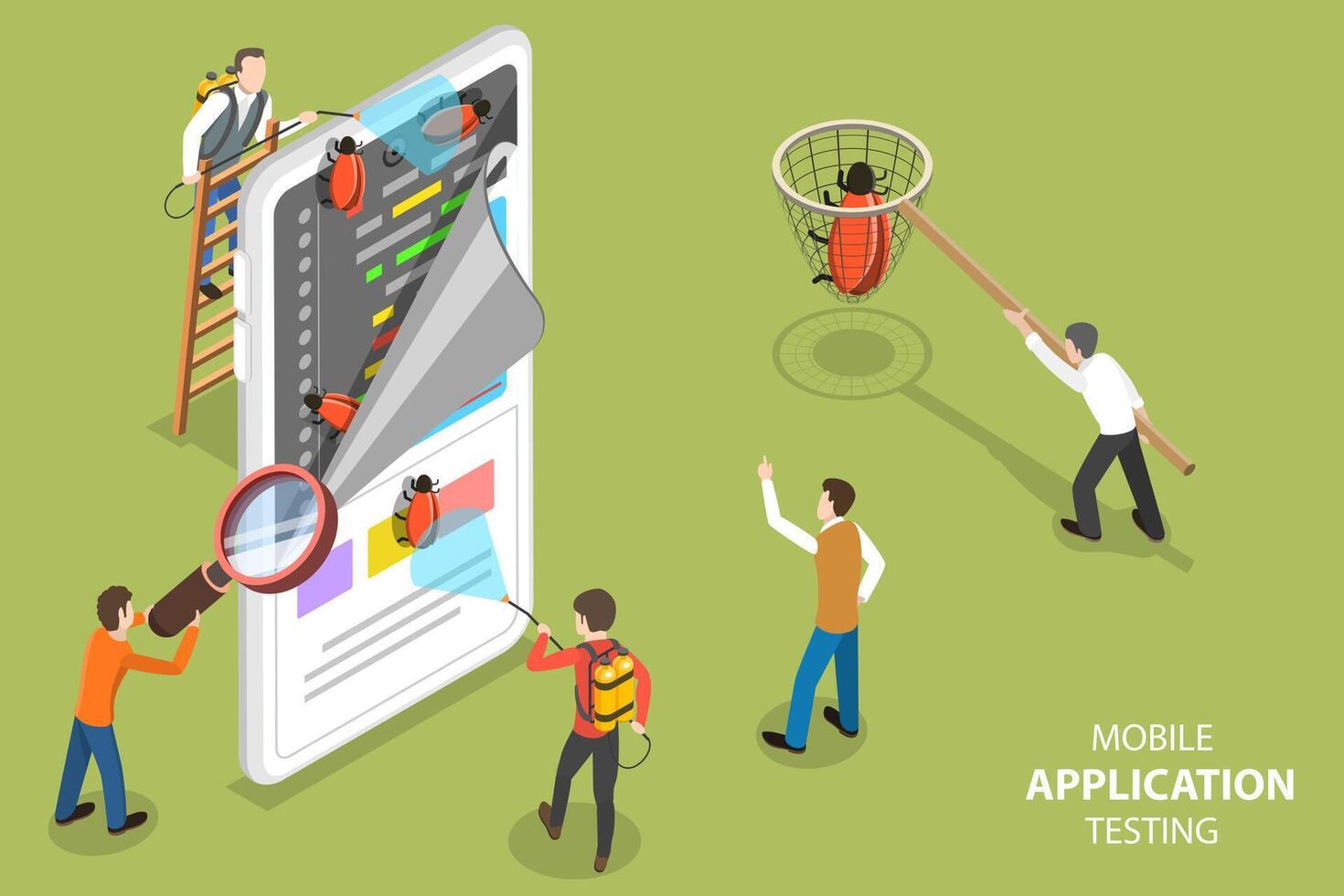 3D Isometric Flat Concept of Mobile App Testing, Quality Assurance. vector
