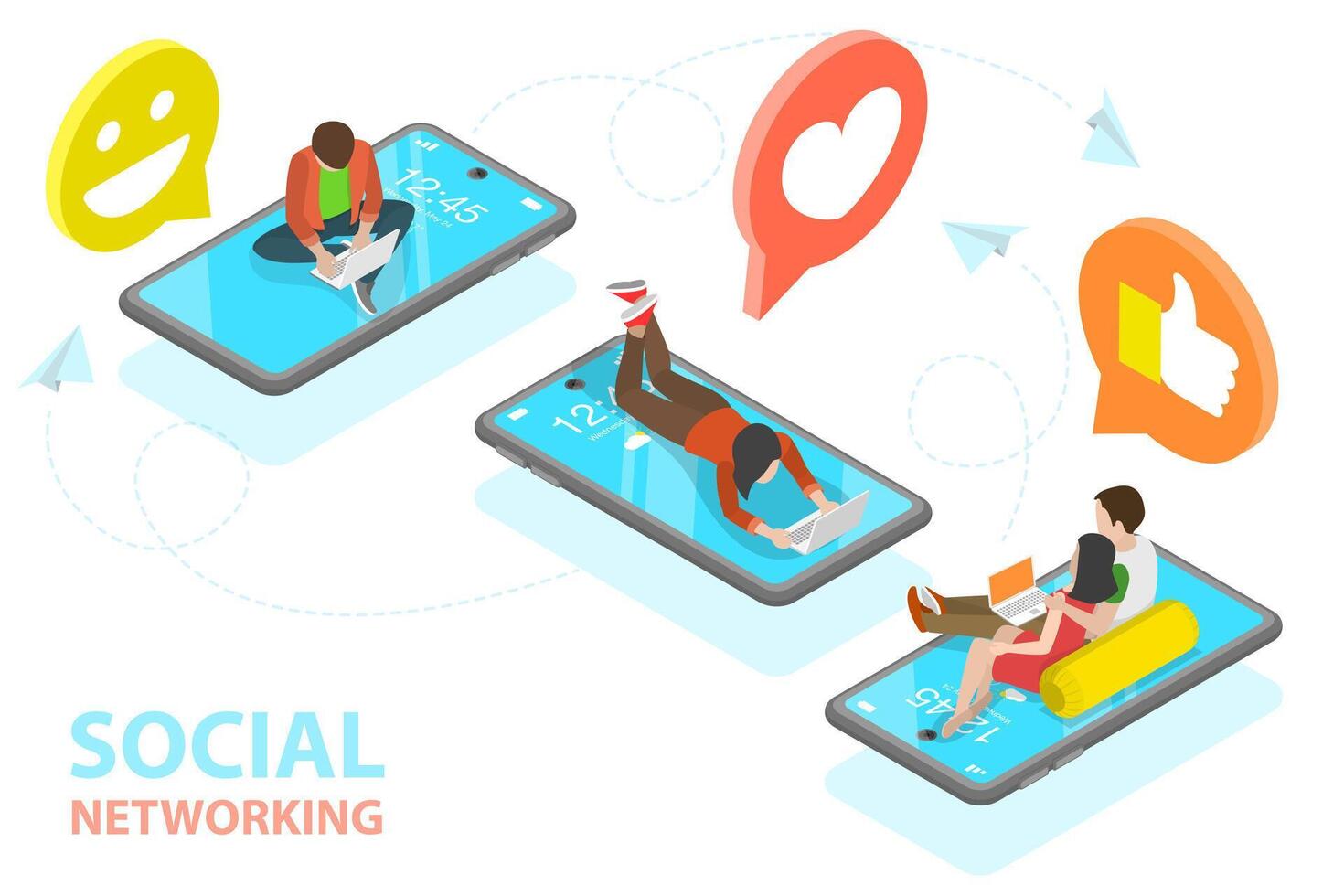 3D Isometric Flat Concept of Social Networking, Digital Communication. vector