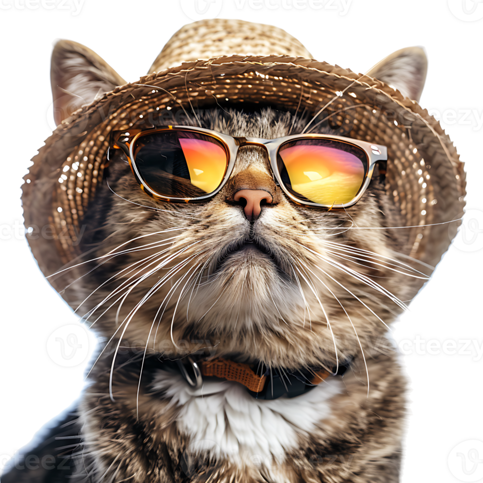 Happy Cat wearing summer glasses and hat on isolated transparent background png