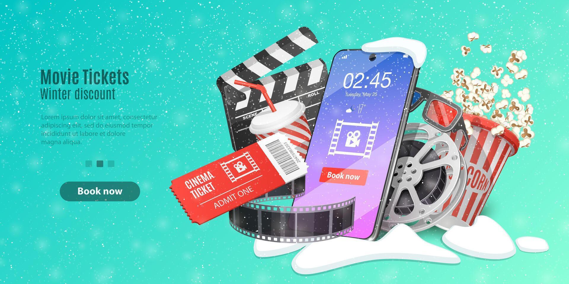 Movie Tickets Online Booking, Mobile Movie Theater, Online Cinema Watching. vector