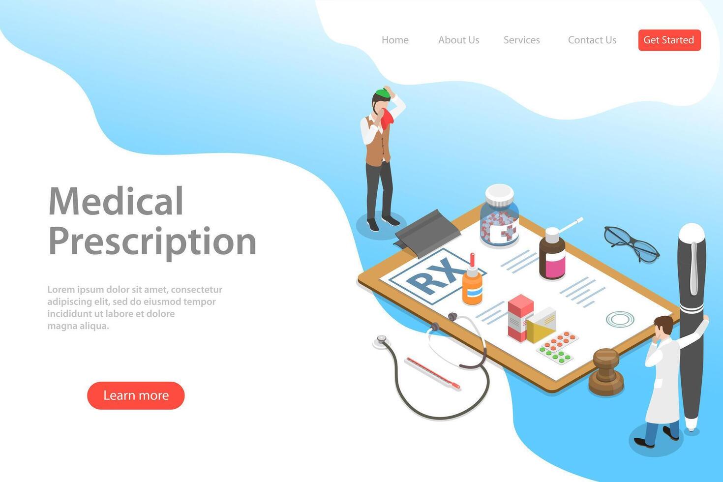 Isometric flat landing page template of prescription form, . vector