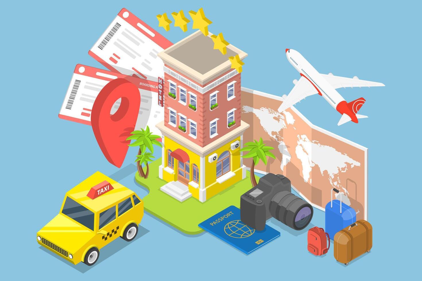 3D Isometric Flat Conceptual Illustration of Trip Booking Service. vector