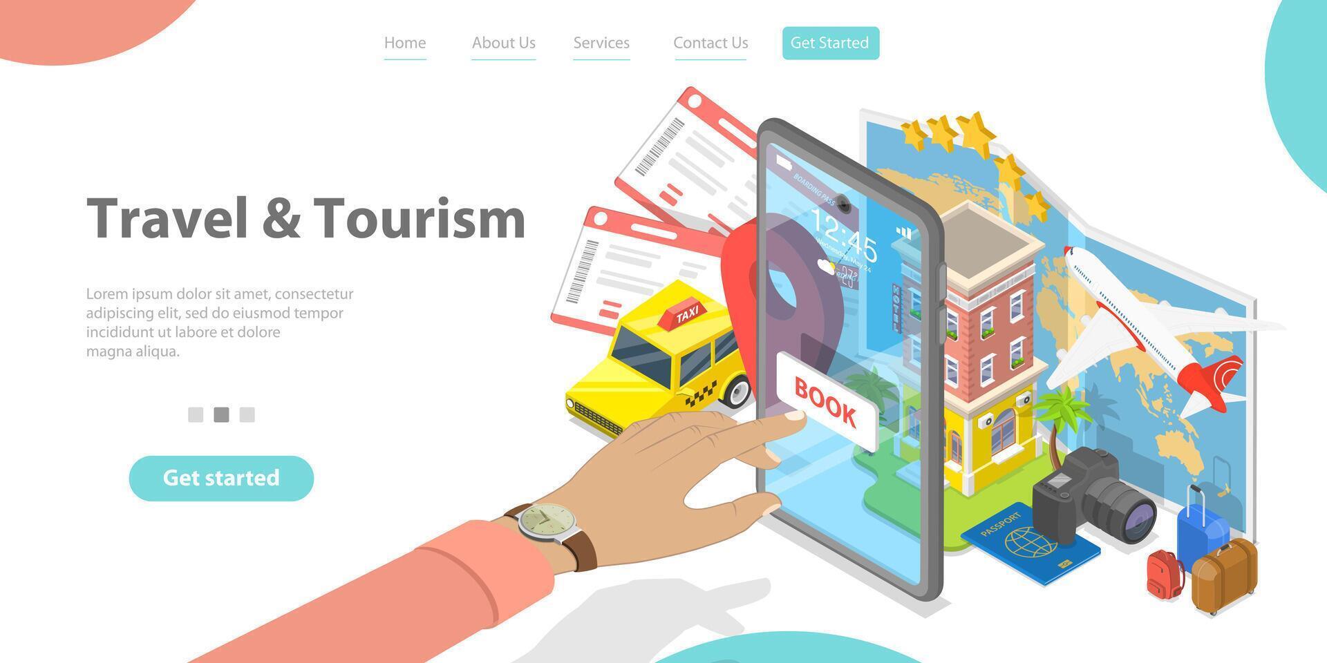 3D Isometric Flat Landing Page Template of Trip Booking Online App. vector