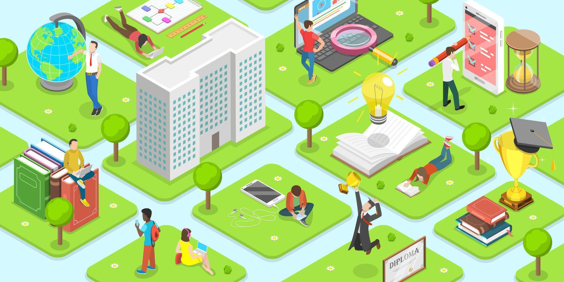 Flat Isometric Concept of Campus Illustration. vector