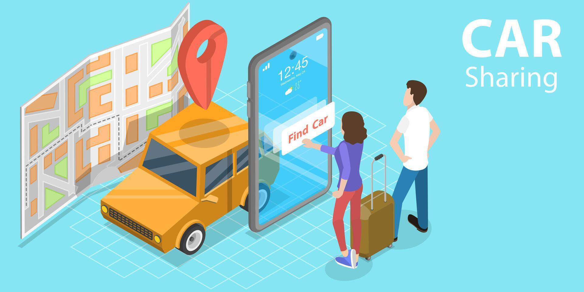 3D Isometric Flat Concept of Car Sharing Service App, Shared Mobility. vector