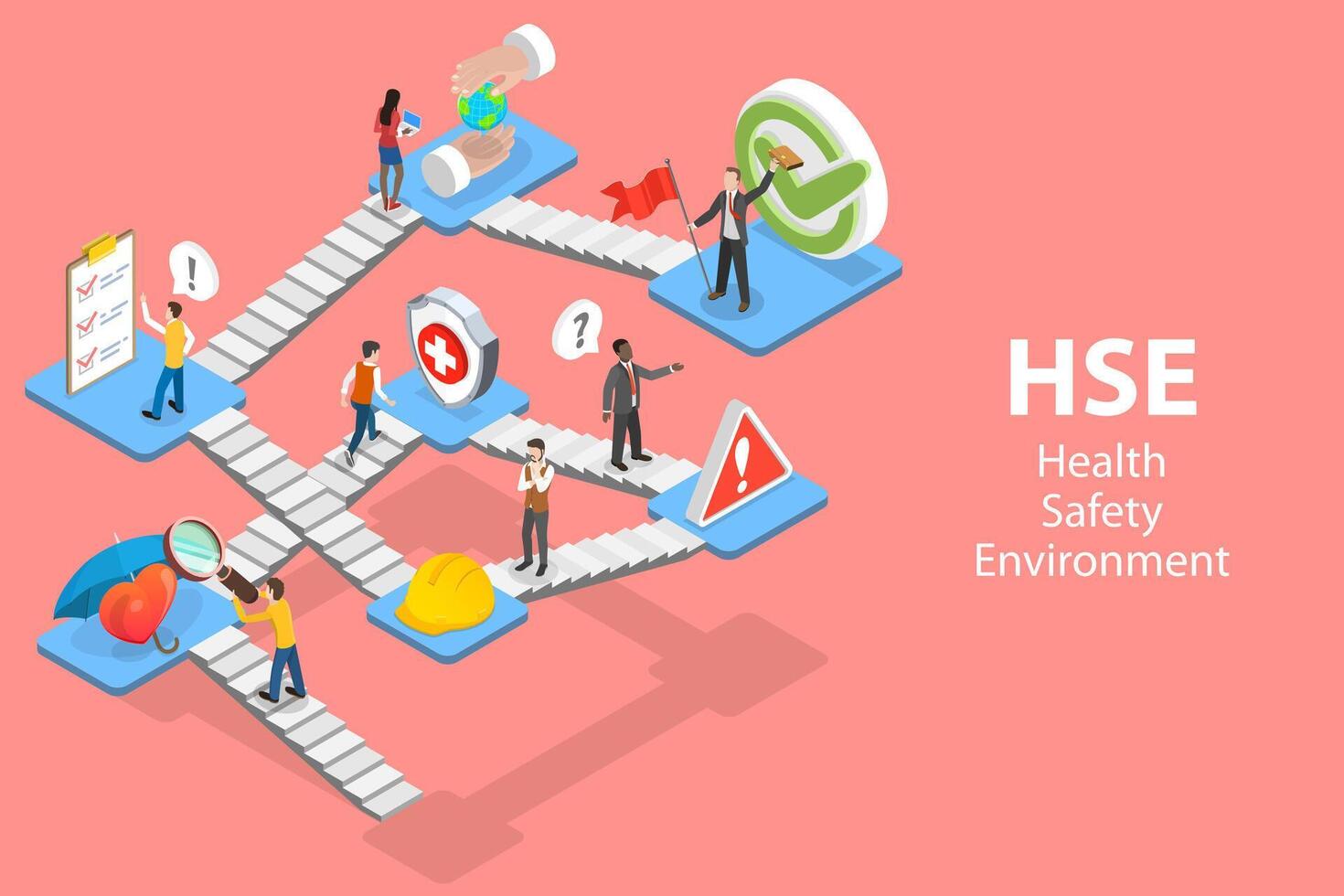 3d isométrica plano concepto de hse, salud la seguridad ambiente. vector