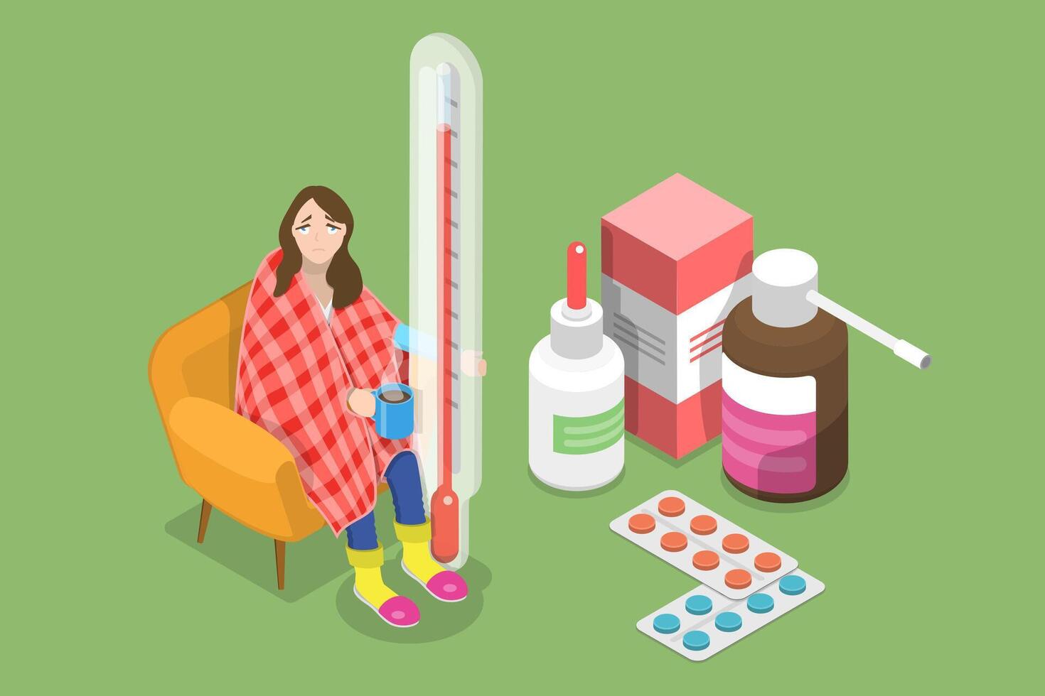 3D Isometric Flat Conceptual Illustration of Sad Sick Woman Having a Cold vector