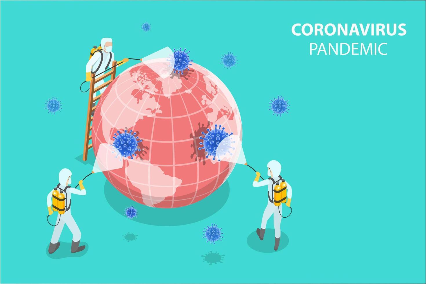 3D Isometric Concept of Scientists are Disinfecting Coronavirus Cells. vector