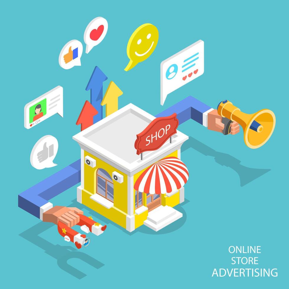 Isometric flat concept of store advertiesment campaign, digital marketing vector