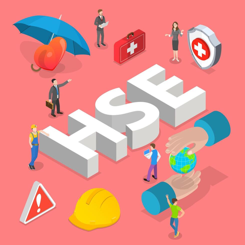 Isometric flat concept of HSE, health safety environment. vector
