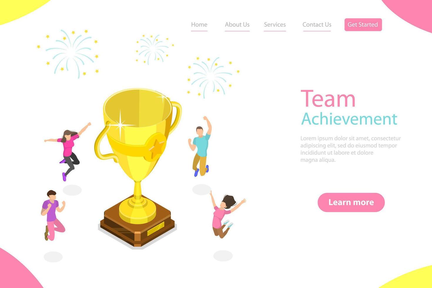 Isometric flat landing page template of team achievement celebrating. vector