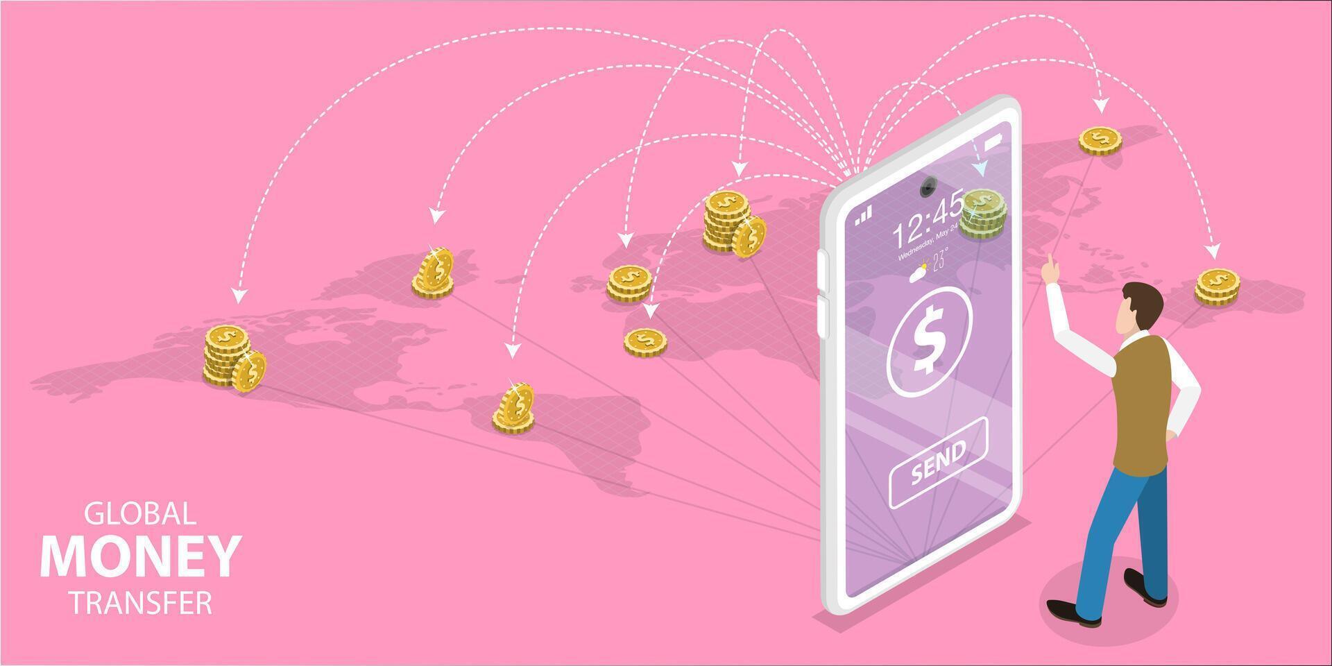 3D Isometric Flat Concept of Money Transfer Mobile App. vector
